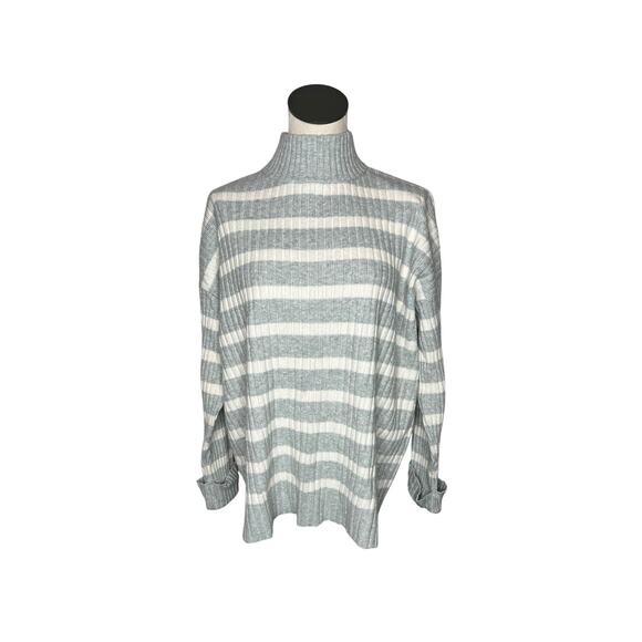 Loft gray & white striped ribbed knit mock t-neck pullover sweater Size L NWT - Picture 1 of 7